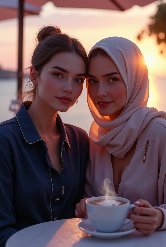 masterpiece, best quality, highly detailed, hyperrealistic, photorealistic:1.1,beautiful 20s French models, terrace, beach, cafe, at sunset, purple navy polo jacket
polite shirt: 1.2, sitting, very detailed face, long hijab, blowing in the wind, pale skin, sweet smile, cup of hot chocolate.