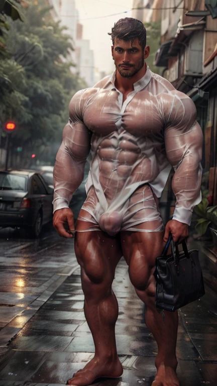 30 years old, head to thighs photo, Indian beared man in white formal shirt with grey fromal trouser, dark color body , standing on road, rain drops dripping on body, tall and wetty big bulge, masterpiece, seductive, erotic, exotic moments 