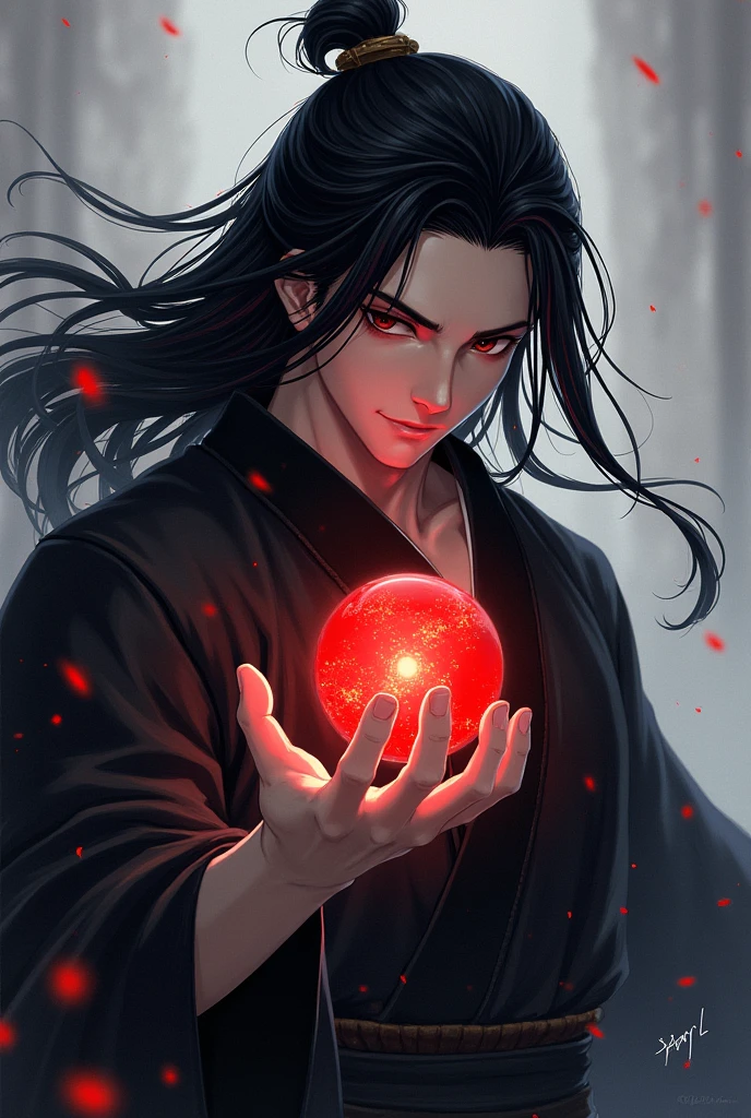 black haired, cold looking man, black eyes, long hair, majestic features, wearing a kimono, holding a glowing red ball of energy in his hand, novel cover.