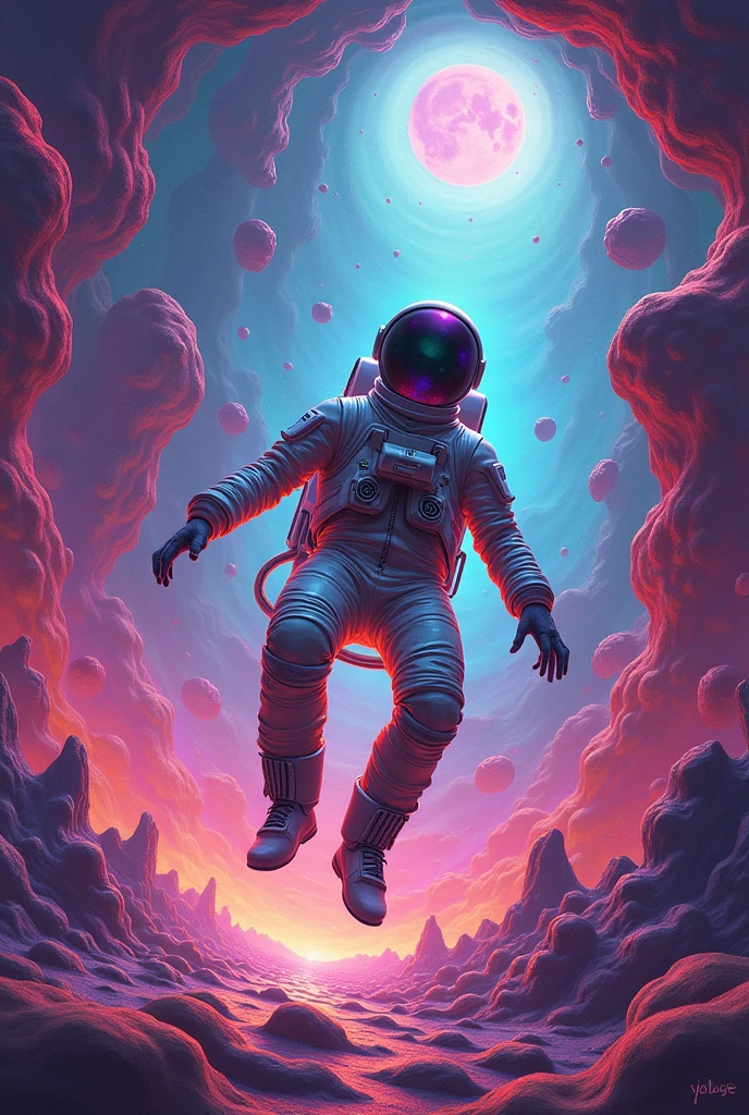 A hallucinating cosmonaut with a psychedelic background