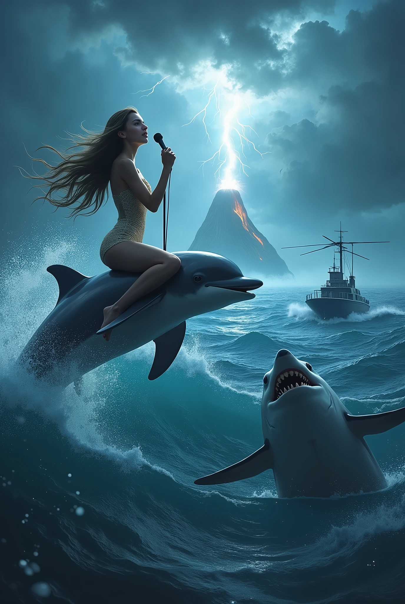 A beautiful young singing in a live storm on a dolphin. there is a ship on the back side. one shark try to attack .Thunder .a volcano. a helicopter. a submarine