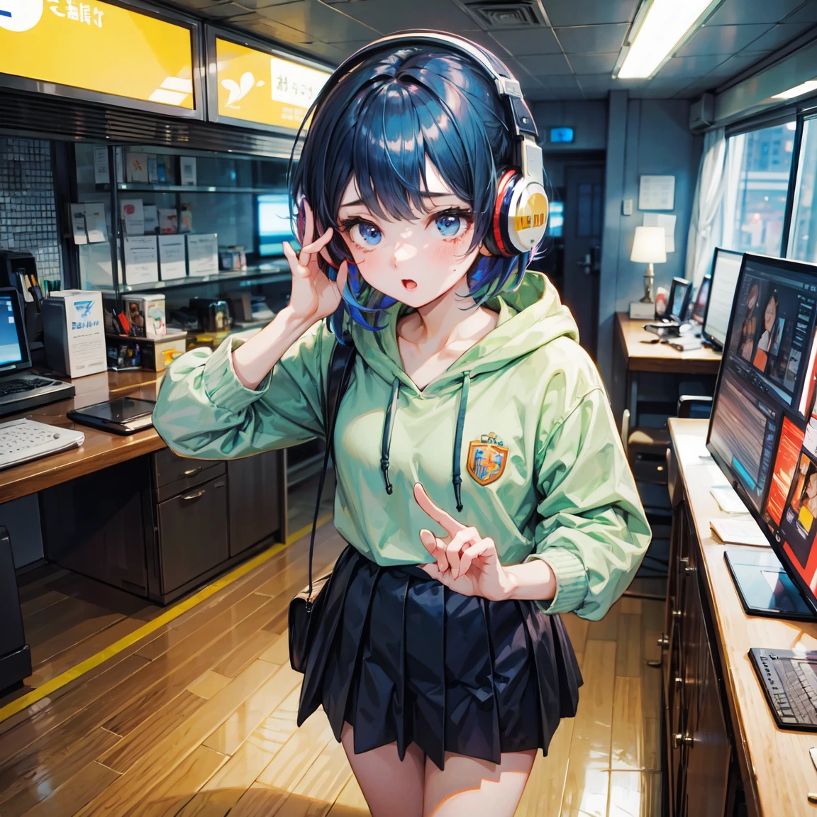 Highest quality、4K wallpaper、masterpiece、Very detailed、CG、Unity、8k wallpaper、Very fine grain、Complex、One Girl、Retro art style、Pop Art Style、Girl wearing a hoodie、Girl with headphones around her neck、Girl wearing skirt、、Shortcuts、Navy Blue Hair、Chill、Chill、Emotional、emotional、５Finger、indoor、You can see Tokyo Tower from the window、studying
