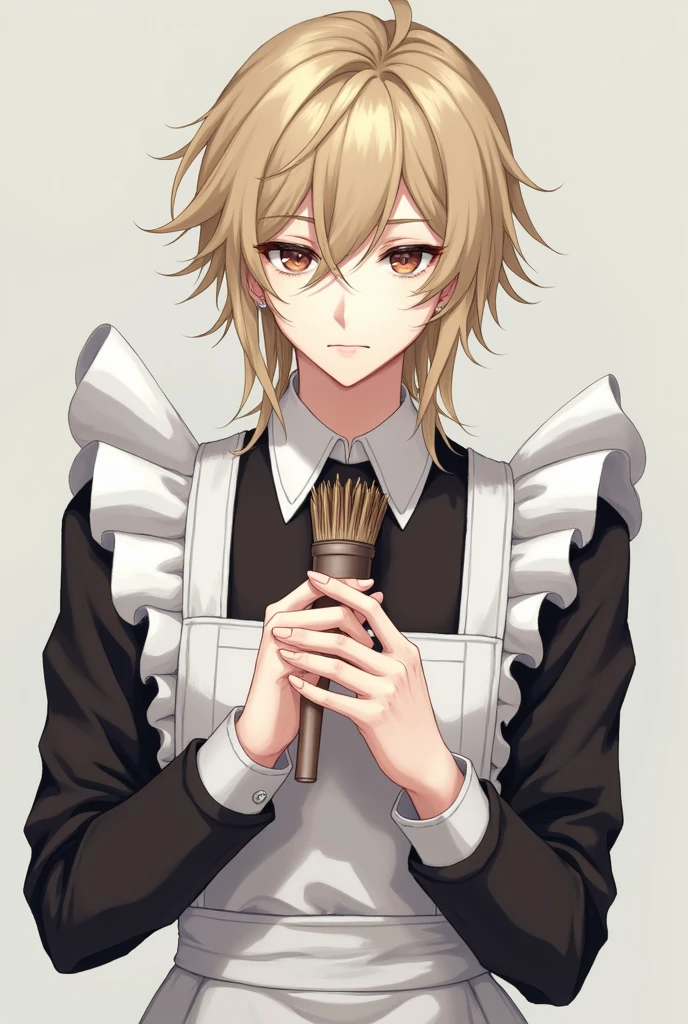 The maid guy is blond with dark brown eyes with multiple ear piercings with small earrings in his hands a dust brush