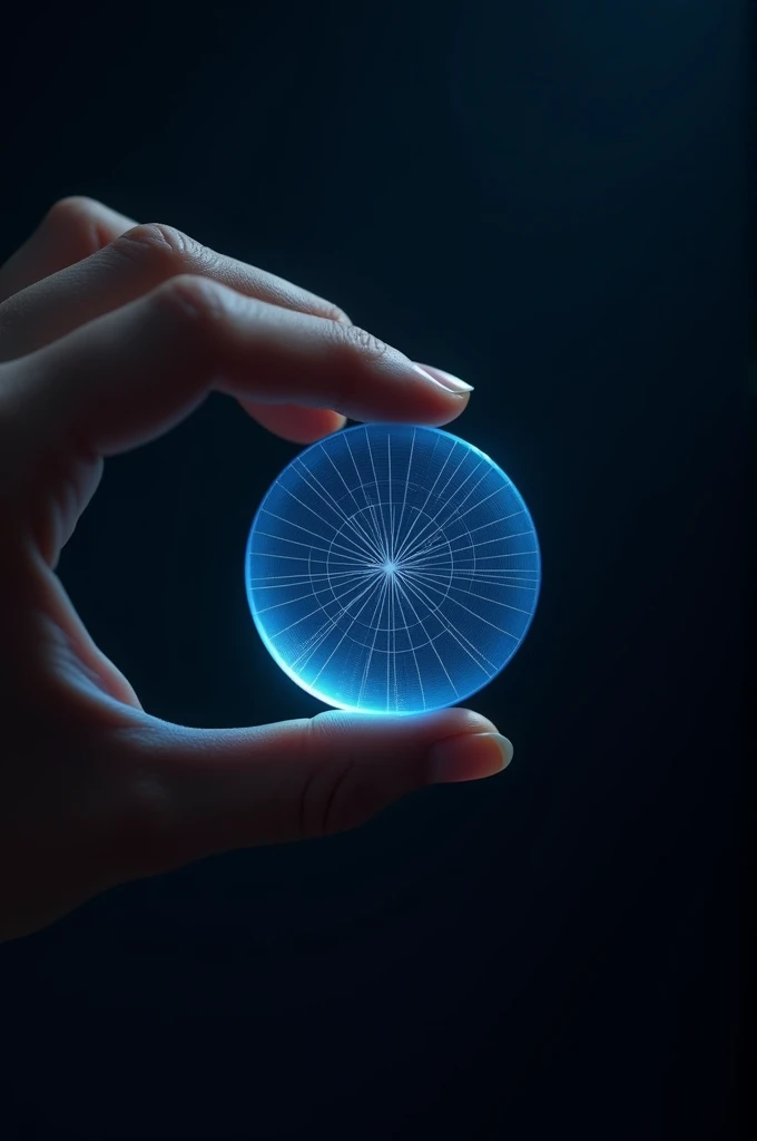 A person holding a blue lens between thumb and index finger with a grid symmetry in the middle and black background