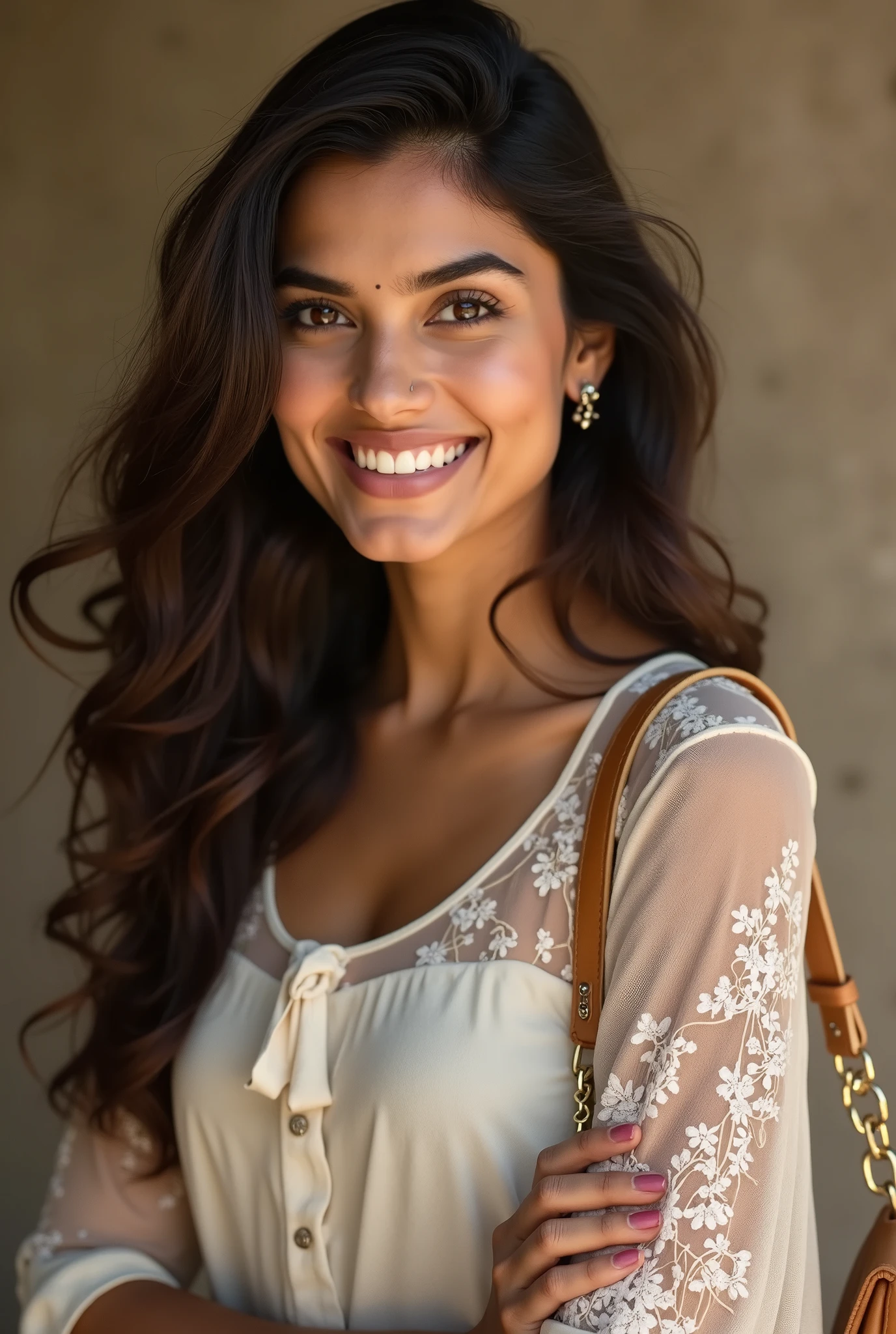 There is a young, Beautiful indian woman, who looks to the future like Katrina Kaif, Smiles into the camera, beautiful teeth, She looks into the camera, a portrait from raw photo, body, conservative modern dress, handbag,
