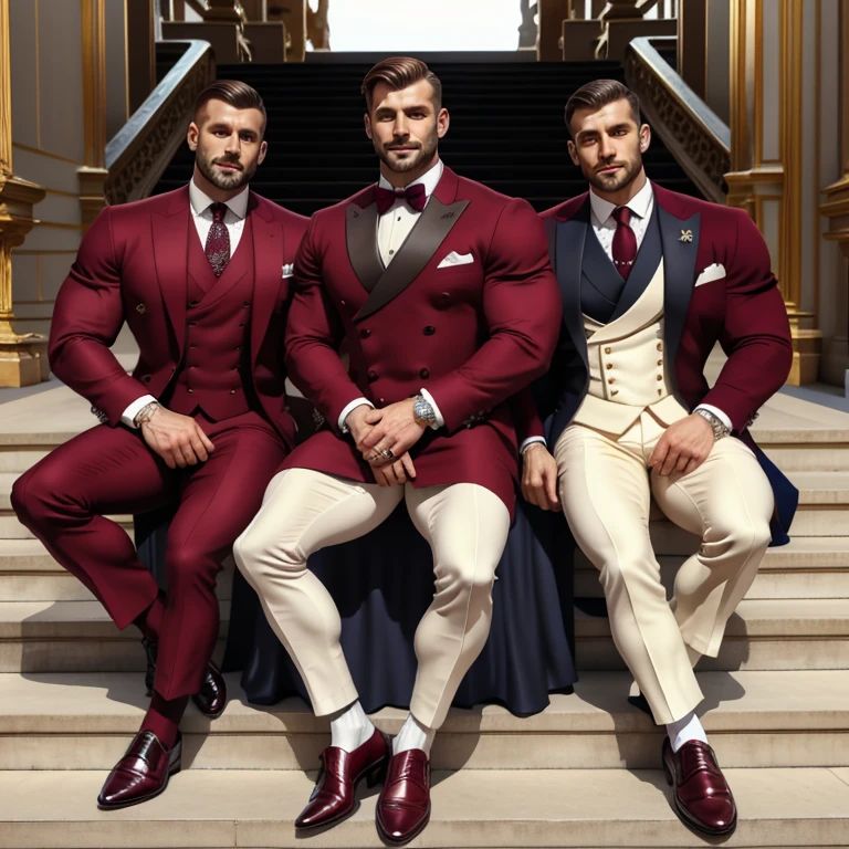 full view full body, three High end white european dapper guys with ugly big strong snouts, wearing the best hype finest dapper suits and finest elegant dress shoes and finest thinest burgundy dress socks, dapper jewelery and rings, sitting on big stairs, posing at Fashion week front Grand-Palais in Paris, arrogantly smiling showing off most whitest teeth ever