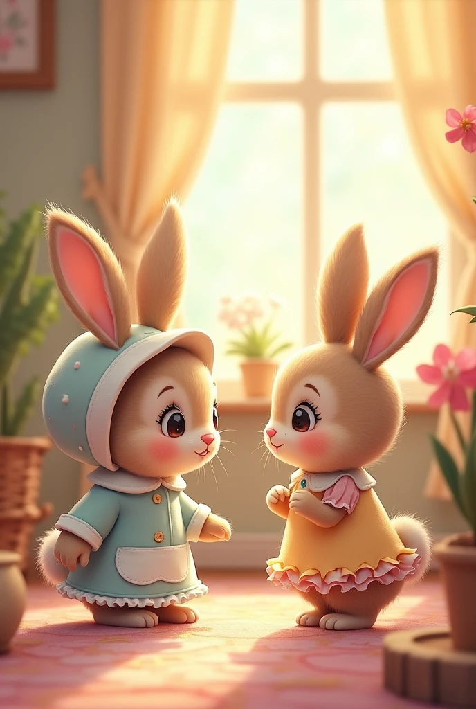 A little bunny wearing female clothes talking to her mother in her home in cartoon style 