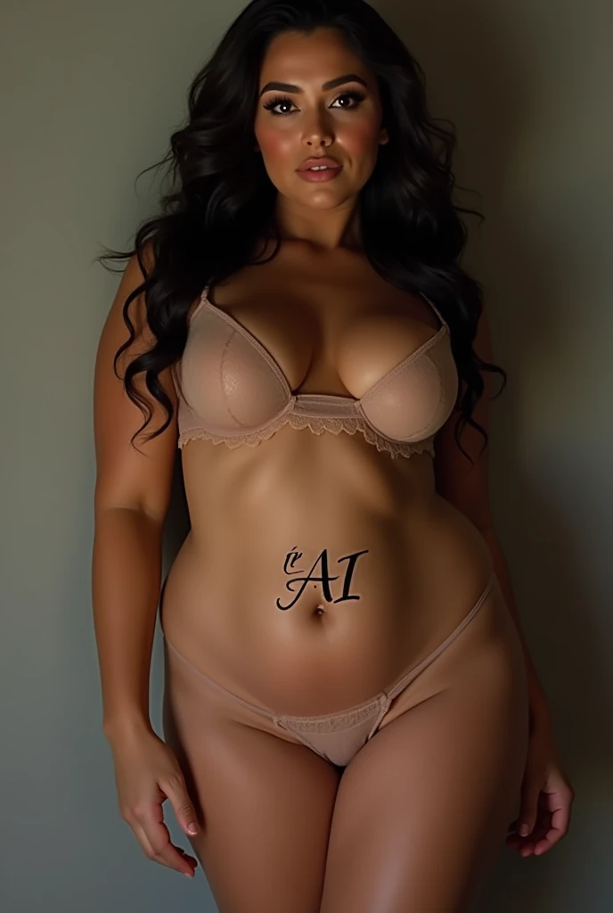 create a picture of a Latin girl, curvy, wearing only panties, below her navel there is a tattoo with elegant font, saying 'I am AI' make sure the tattoo is clear and neatly arranged