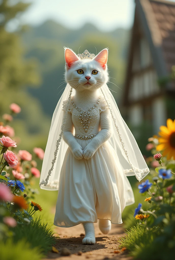 "A white cat walking on her hind legs in a picturesque English countryside, wearing a traditional Anglican bridal gown. The cat is adorned with pearl and diamond jewelry, a white lace dress with a long veil, a tiara, and white satin shoes. The background features rolling hills and blooming gardens