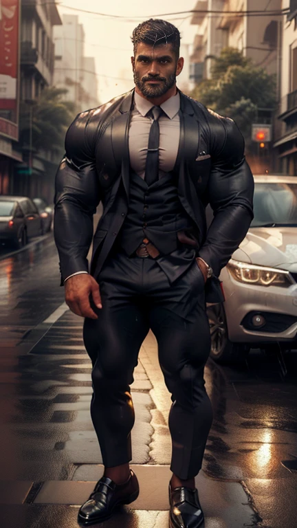 40 years old man in formal suit bandhoiz beard man standing on road in rai, rain drops dripping on body, and showing wetty hairy chest wetty bulge indian perfect bulge in pant, masterpiece, seductive 