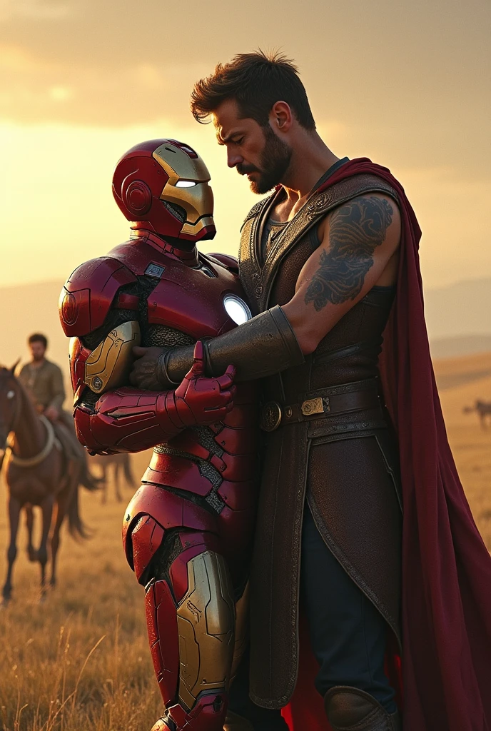 Robert Downey junior wearing Iron man suit dying in the arms of Chris Hemsworth wearing a warrior suit holding mjolnir on an open field by the Arabian Sea surrounded by Marwari horses