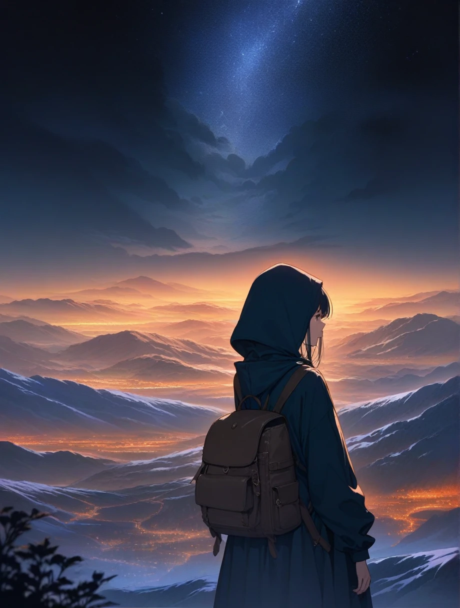 score_9, score_8_up, score_7_up, score_anime, masterpiece, top quality, delicate illustration, sharp lines, sharp focus, BREAK,Traveler girl wandering in the endless night world,girl wearing a hood,backpack full of stuff,night Otherworldly, Fantastic scenery, Beautiful landscape, Harmony with nature, Spectacular view, ((dark)), Scenery that no one has ever seen before