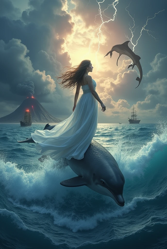 A beautiful young singing in a live storm on a dolphin. there is a ship on the back side. one shark try to attack .Thunder .a volcano. A dragon