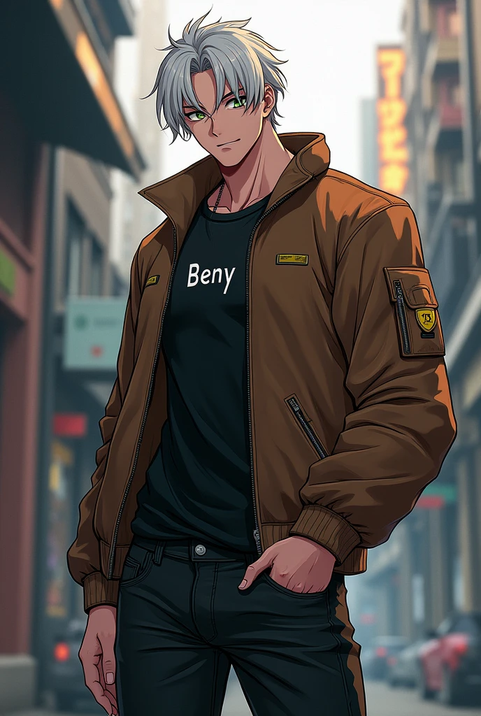 Erkek cocuk, pele caucasiana, 20 year, White hair, wearing black jeans, wearing black boots, White T-shirt and her name 'BENY' has written on that, with brown aviator jacket, greeneyes,curved body, cocked ass, cyberpunk atmosphere, Raby, アニメ, .Smile,upper body, Hair Over One Eye, 