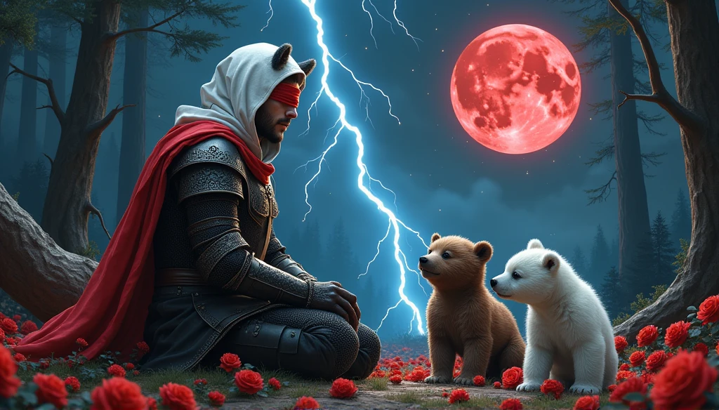 Male knight with a white hood with bear ears and a sword behind his back sits on the ground towards a baby polar bear and a baby brown bear in a forest while the moon shines, many Roses cover the ground and lightning falls from the sky. The baby polar bear plays with the baby brown bear while the knight enjoys watching them. Only the man wears a red blindfold. In the background of the picture is the blood moon and a tree has fallen down in the path. The forest is full of trees with leaves. The armor of the man is black and red roses decorate it. The sky is full of stars. The knight looks thoughtful.