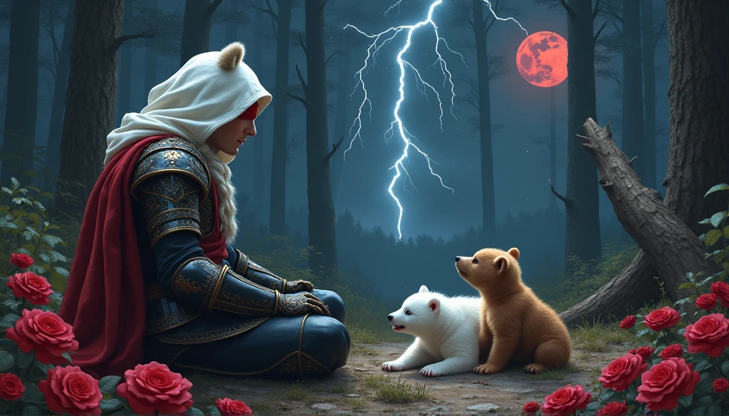 Male knight with a white hood with bear ears and a sword behind his back sits on the ground towards a baby polar bear and a baby brown bear in a forest while the moon shines, many Roses cover the ground and lightning falls from the sky. The baby polar bear plays with the baby brown bear while the knight enjoys watching them. Only the man wears a red blindfold. In the background of the picture is the blood moon and a tree has fallen down in the path. The forest is full of trees with leaves. The armor of the man is black and red roses decorate it. The sky is full of stars. The knight looks thoughtful.
