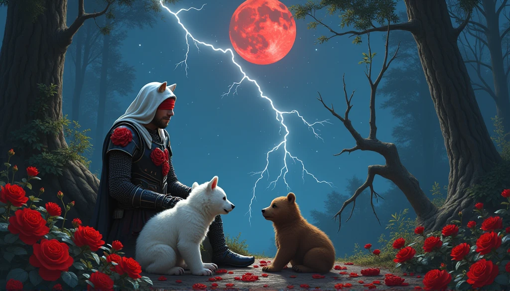 Male knight with a white hood with bear ears and a sword behind his back sits on the ground towards a baby polar bear and a baby brown bear in a forest while the moon shines, many Roses cover the ground and lightning falls from the sky. The baby polar bear plays with the baby brown bear while the knight enjoys watching them. Only the man wears a red blindfold. In the background of the picture is the blood moon and a tree has fallen down in the path. The forest is full of trees with leaves. The armor of the man is black and red roses decorate it. The sky is full of stars. The knight looks thoughtful.