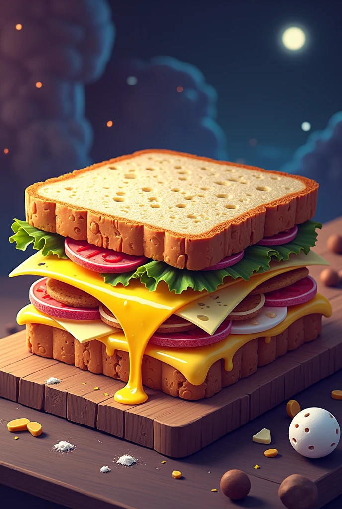 "Cheese sandwich" - a sandwich with gouda, chedar, Brie, Camembert, Dor Blue, Beaufort, Conté and Kasu marzu. 
Style: Retro games, 16 bit's