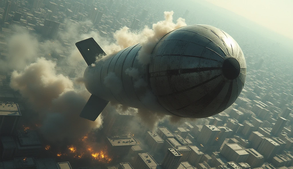 Bomb falling from the sky, towards a city; perspective of the bomb falling from the sky(from top to bottom)