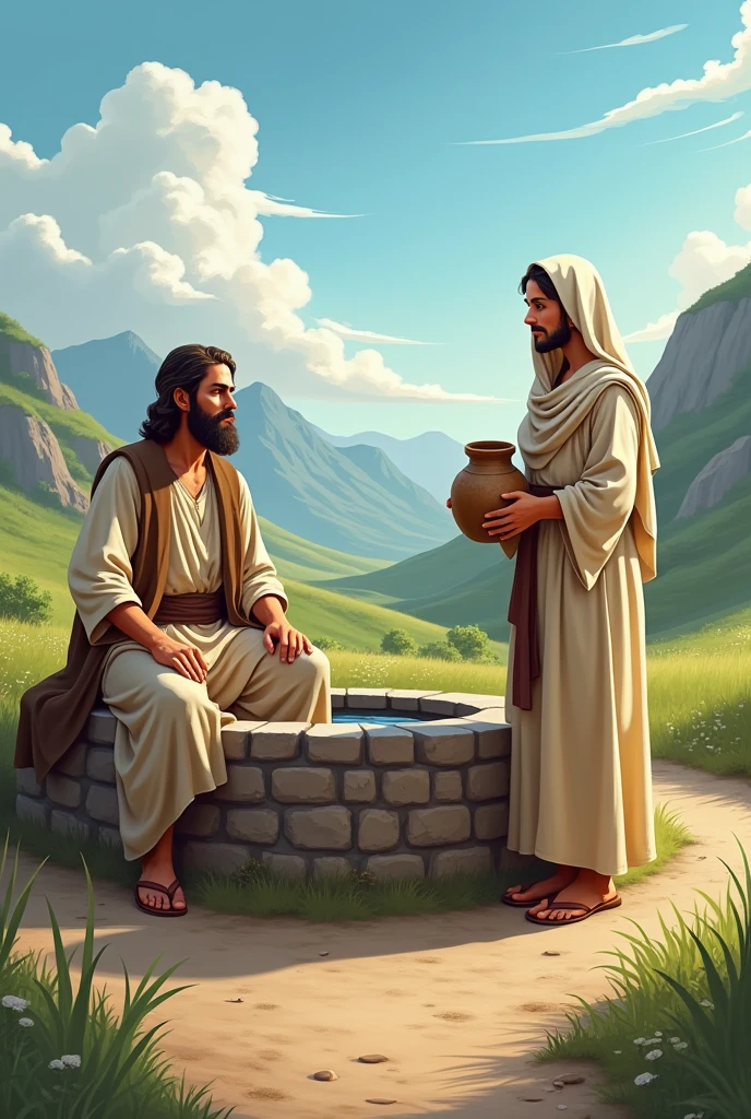 The image shows a biblical scene, where a man and a woman are standing near a well in a rural area. The man is sitting not far from the well, wearing a beige tunic with a brown sash around the waist. The woman, standing beside the well, is holding a jar, probably to remove water. She wears a beige tunic with a light veil over her head.. The surrounding scenery includes a dirt road, green vegetation, and in the background, there are mountains under a blue sky with some clouds. The image conveys a peaceful and pastoral atmosphere.