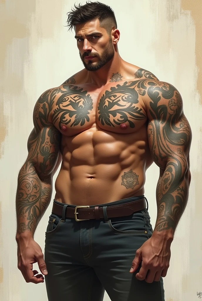 A tall man with strong muscles, tattooed,short dark hair,husband vibes