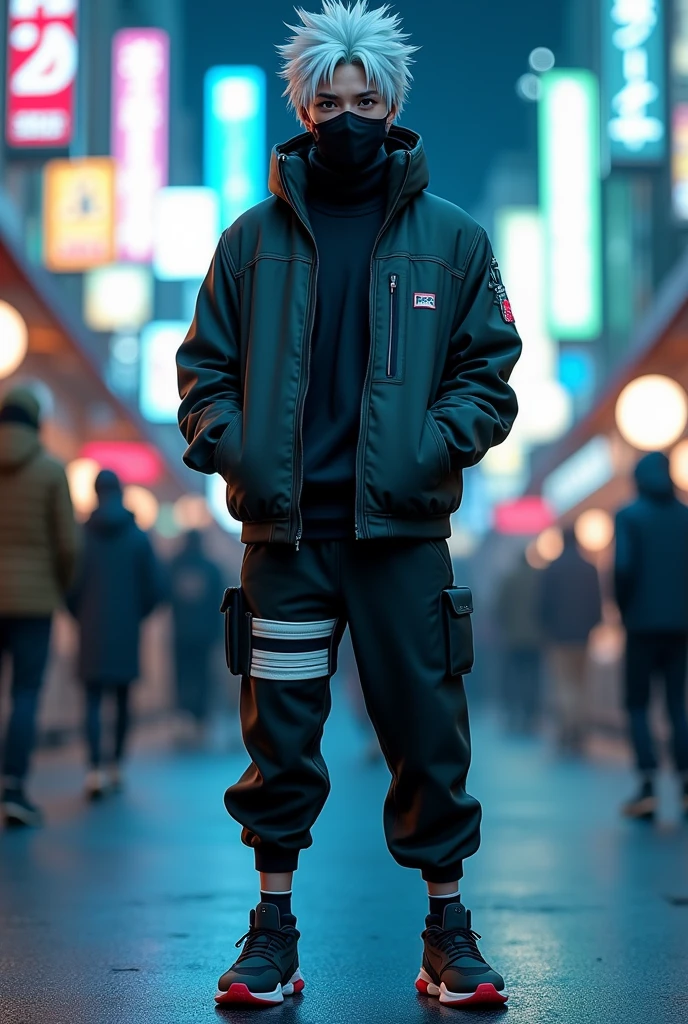 Kakashi
Supreme jacket dress with Nike black shoes in Tokyo blue light and Jordan pant with leaves village band