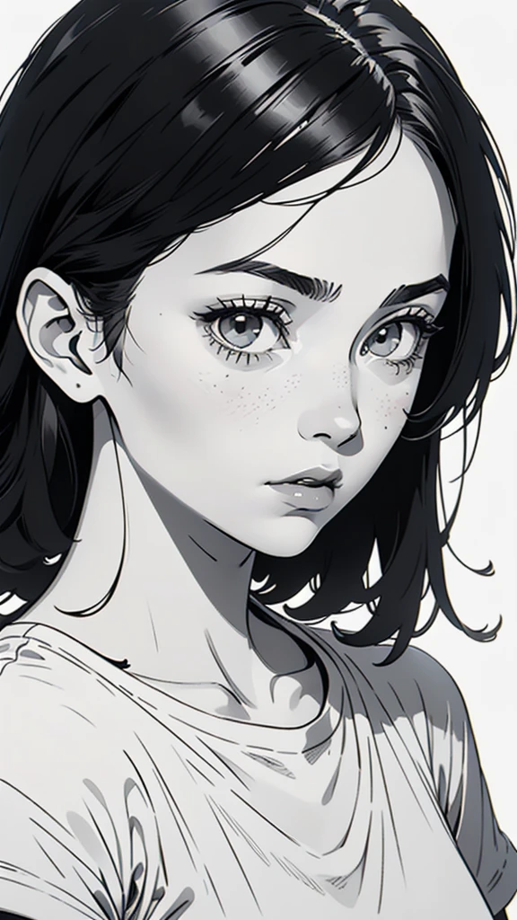 1 boyish girl, solo, sharp eyes, monochrome, greyscale, shoulder length black bangs hair, portrait, (blank white T-shirt), Thin eyebrows, closed mouth, looking at viewer, detailed lips, hatching \(texture\), without makeup, upper body, (best illustration), (best quality), (very detailed), (masterpiece), expressionless,
