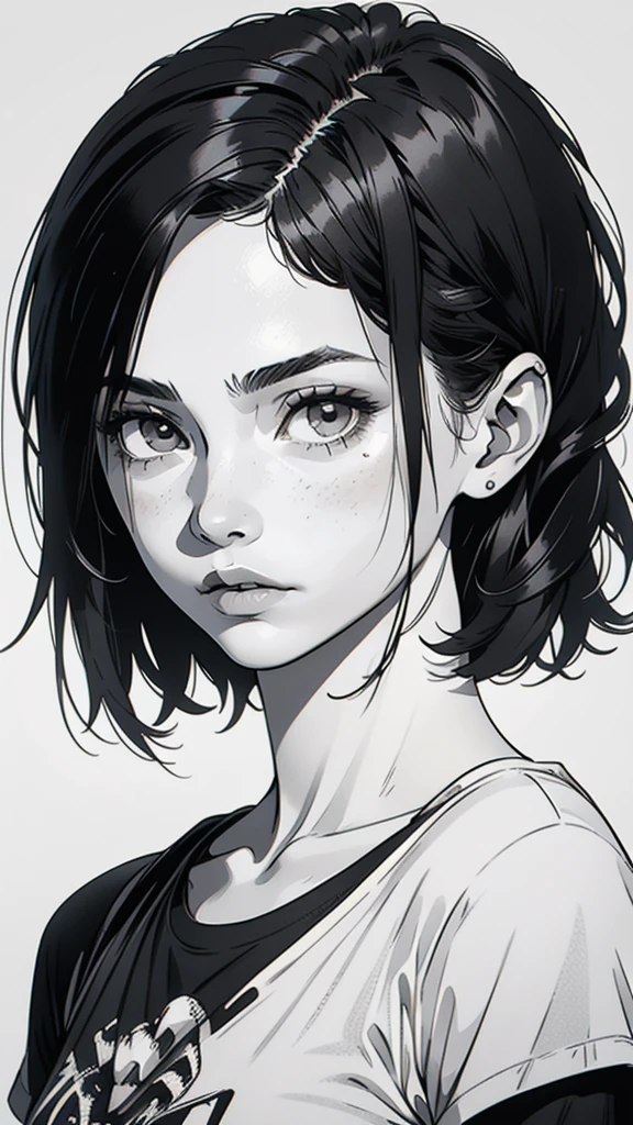 1 boyish girl, solo, sharp eyes, monochrome, greyscale, shoulder length black bangs hair, portrait, (blank white T-shirt), Thin eyebrows, closed mouth, looking at viewer, detailed lips, hatching \(texture\), without makeup, upper body, (best illustration), (best quality), (very detailed), (masterpiece), expressionless,