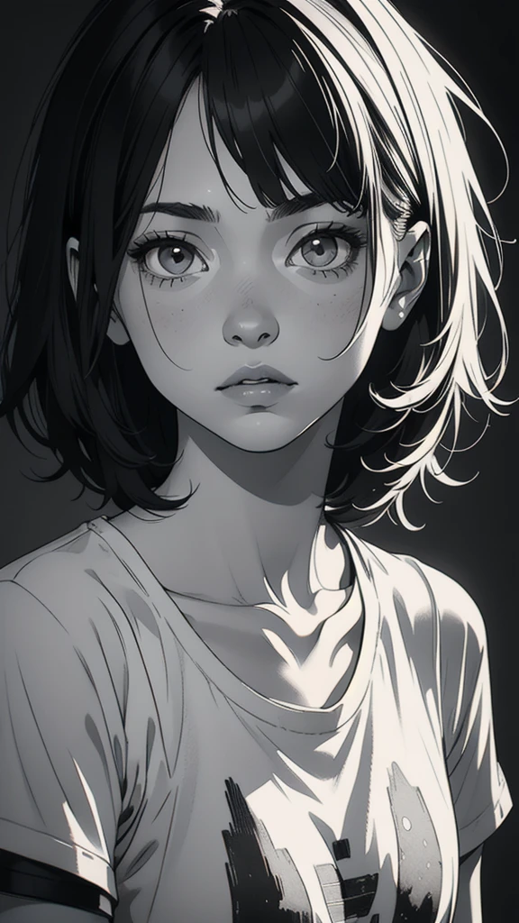 1 boyish girl, solo, sharp eyes, monochrome, greyscale, shoulder length black bangs hair, portrait, (blank white T-shirt), Thin eyebrows, closed mouth, looking at viewer, detailed lips, hatching \(texture\), without makeup, upper body, (best illustration), (best quality), (very detailed), (masterpiece), expressionless,