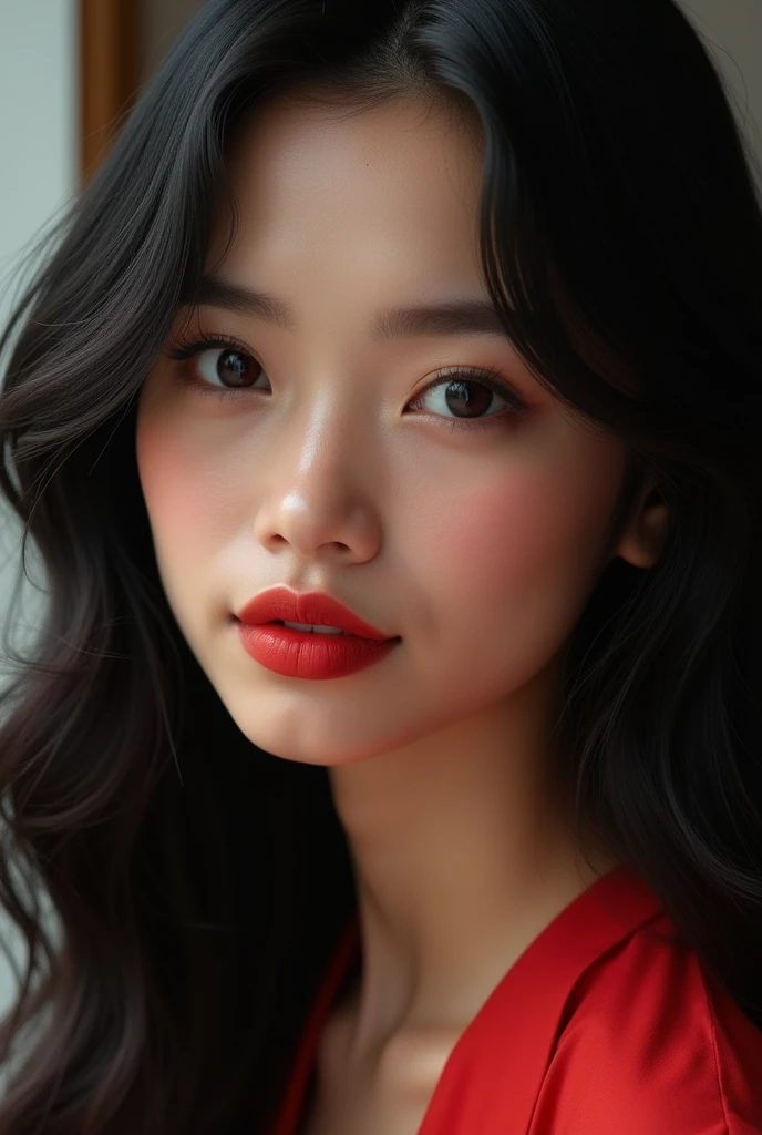 30 year old Indonesian Javanese girl, naturally sweet face, naturally thick lips, naturally red lipstick, naturally long black hair, naturally black eyebrows.