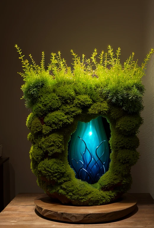 Ceramic art,surreal,Ceramic sculpture in a forest covered in moss and old trees with little foliage, a mossy green light illuminates the landscape, in the center a Lady of the Night flower (The night sky) like Ceramic sculpture carved in stone, a clear blue light of moonlight on a full moon night illuminated, highlighting your beauty, small points of light come out of the flower like little perilamps as if in a happy dance, a small thread of liquid light runs from the flowers forming a small vein of bright liquid light,Sculpture that defies the laws of physics、indigo art, Moss covered sculpture、some soft purple LED lights create artistic effect, using Dale Chihuly's style of colors and size, the petals in the style of Raku and Wood Burning, Hyper-Realism, Technical details of Yukio Tsukada and Kojiro Takakuwa