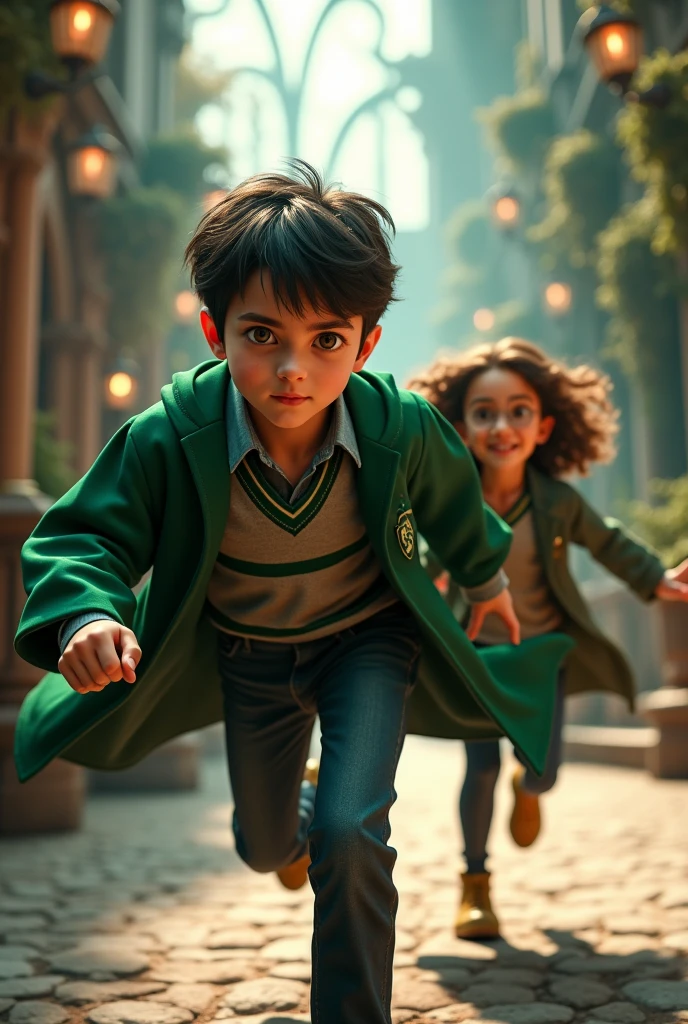 Brother chasing a girl with short brown hair, glasses, cheerful, wearing Slytherin robes, 3D image