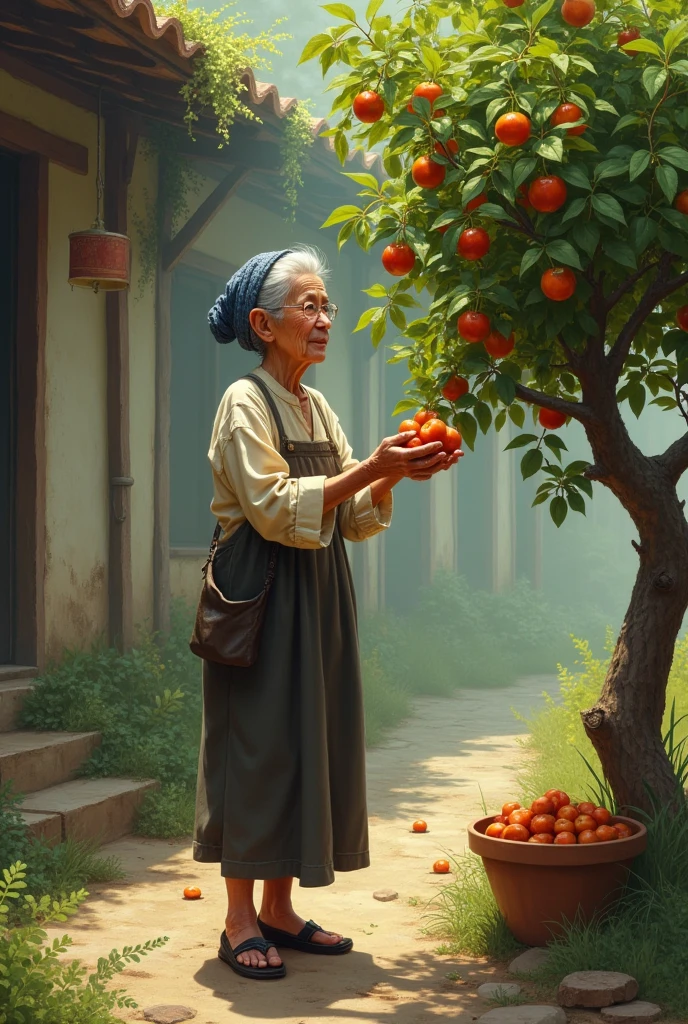 alVisual: An elderly woman in simple clothing, with a modest appearance, is collecting fruits from a small, fruit-bearing tree in a humble garden or outdoor area.
