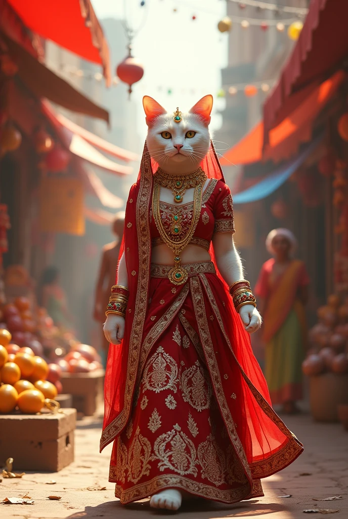A white cat walking on her hind legs in a bustling Indian bazaar, wearing a traditional Punjabi bridal lehenga. The cat is adorned with gold and emerald jewelry, a deep red lehenga with heavy embroidery, a matching dupatta, and ornate juttis. The background is filled with vibrant market stalls and colorful decorations."