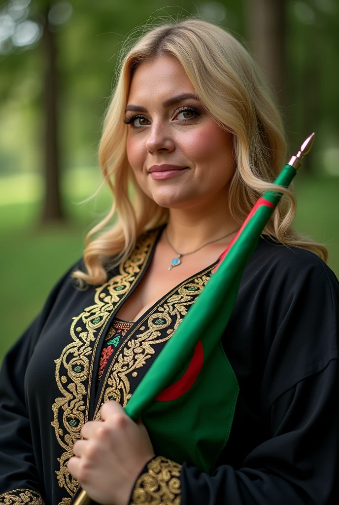 Holding the Algerian flag, green and white, close-up, blonde, fat woman . She is wearing a black caftan decorated with gold threads embroidered with a modern and high quality technique. She is holding a detailed and precise Algerian flag in green and white, green nature background.
