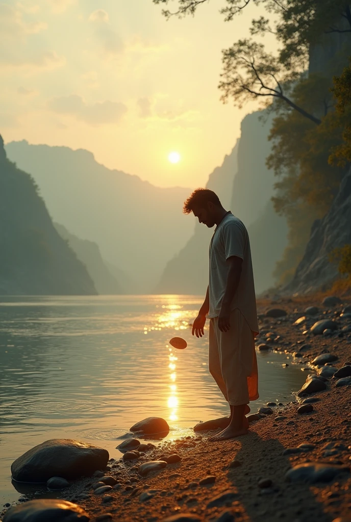 A biggest and largest danzer ganga river and side view a man lifting a  gold ring

