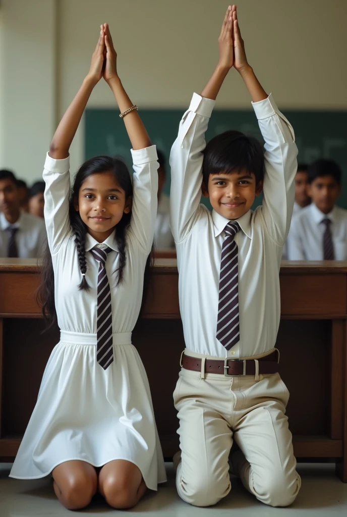 view of a 20 year old indian girl wearing white blouse skirt and tie and a 20 year old indian boy wearing white shirt long sleeve with tie trousers and square buckle belt kneeling in the class room corner with their hands raised straight high up above their heads