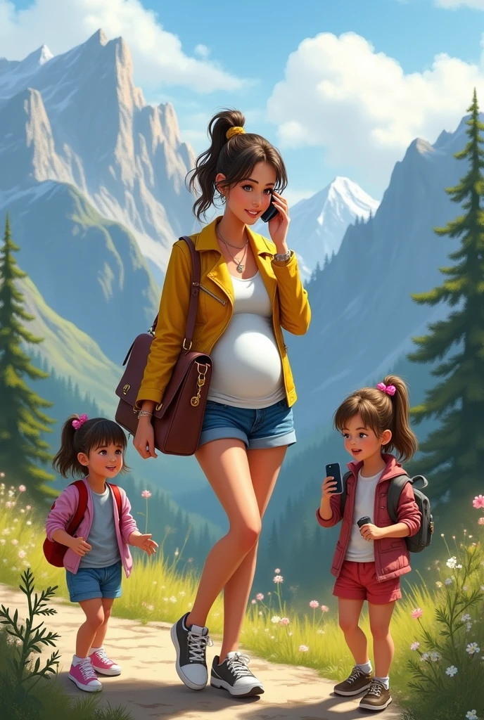 Femme enceinte cheveux attaché veste cuir jaune mini short jean grand sac a main, avec ses filles, elles sont en montagne entrain de faire du téléphone