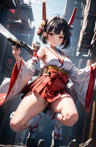 (highest quality)), ((masterpiece)), (very detailed: 1.3), 3d, {(japanese young girl)}, white theme, (ware a scarlet hakama:1.2), wear shrine maiden anime costume, wears a futuristic Gundam mecha,(Gundam), with headgear, with v-fin , armored shoulders,armored under arms, armored under legs, (holding a Japanese sword in the right hand:1.2), multilayer textureperfect proportions, octane rendering, duotone lighting, Low ISO, wide aperture, White balance, Rule of thirds, ultra HD16k, HDR (High Dynamic Range), Ray Tracing, nvidia RTX, Super Resolution, Subsurface Scattering, PBR Texturing, Post Processing, Anisotropic Filtering, Depth of Field, Maximum Clarity and Clarity, High efficiency subpixel, subpixel convolution, particles of light, light scattered, Tyndall effect, full body:1.5, battle pose, cute, (cute:1.2), (bob cut:1.3),Braid, Black Hair, Thick eyebrows, Light-colored irises, Big, bright black eyes, Long eyelashes, Small, light-colored, natural lips, (Average face of Japanese idols), (The uniquely Japanese childlike face:1.3), (baby face), Wide forehead:1.2, Plump Cheeks, Small jaw, visible side boob, broken streets, Broken City,looking at viewer,Focus on the eyes