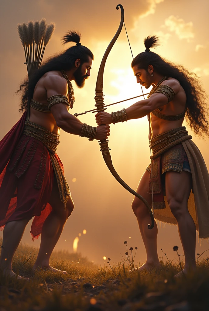 Arrow battle between indian kindlgsbArjun and karna, dynamic lighting , both are distance apart