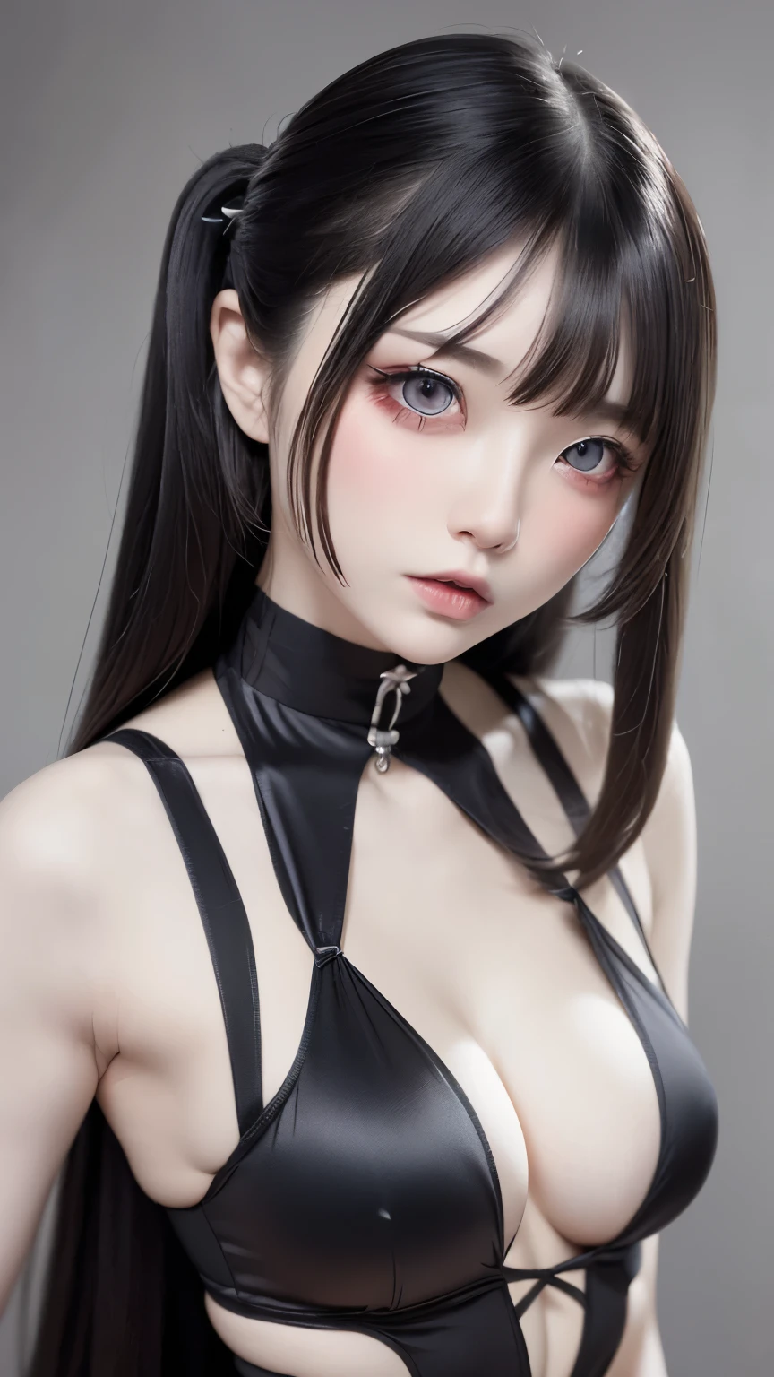 Perfect Anatomy、Highest quality、Masseter region、Very detailed、8k、Accurate depiction of the human body、Whole body angle、Delicately painted face、((Beautiful silky silver hair))、((Red Eyes))、bangs、Twin tail hair、Black Hair Ribbon、(Huge breasts)、14talent、Woman with beautiful face、Gothic Fashion、Black Gothic Fashion、Gothic Dress、Black and red outfit、Are standing、Front Angle、(((Blurred Background:1.5、Photo studio、Gray background:1.5、Gray background、Gray background、Gray background、Gray background、Cinema Lighting、Professional Photographer)))
