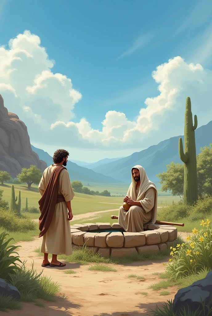 The image shows a biblical scene, where a man and a woman are standing near a well in a rural area. The man is sitting far from the well, wearing a beige tunic with a brown sash around the waist. The woman, standing beside the well, is holding a jar, probably to remove water. She wears a beige tunic with a light veil over her head.. The surrounding scenery includes a dirt road, green vegetation, and in the background, there are mountains under a blue sky with some clouds. The image conveys a peaceful and pastoral atmosphere.