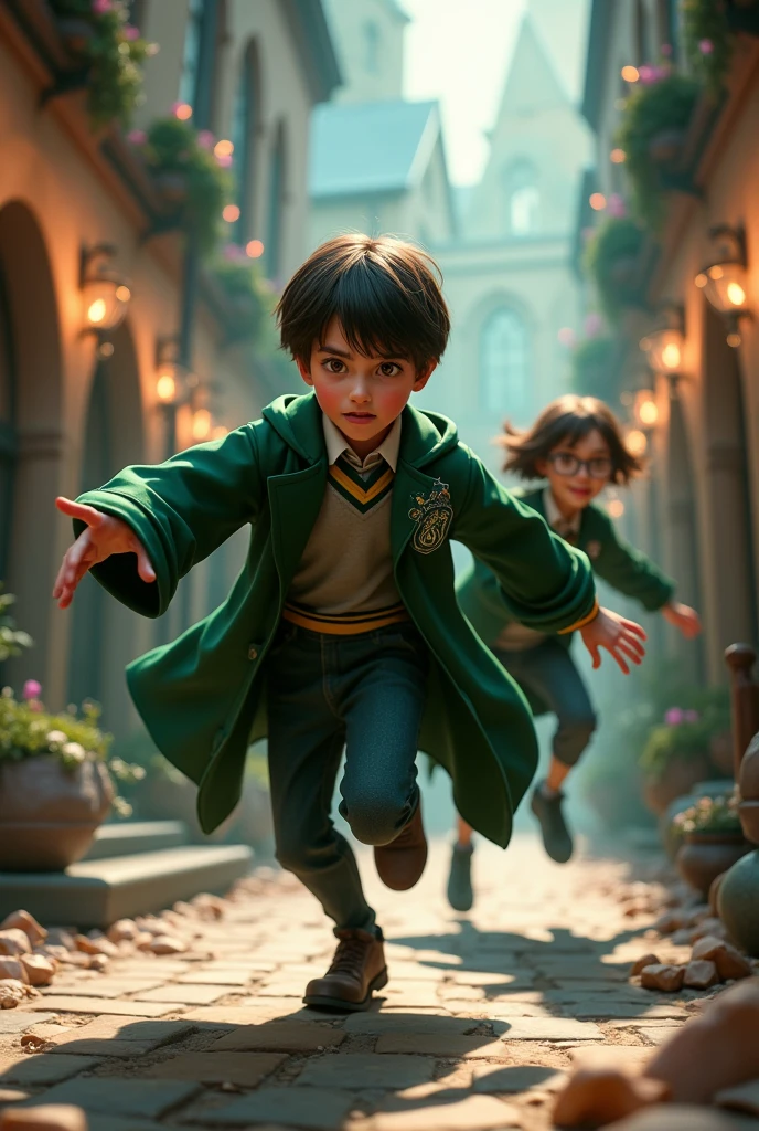 Brother chasing a girl with short brown hair, glasses, cheerful, wearing Slytherin robes, 3D image