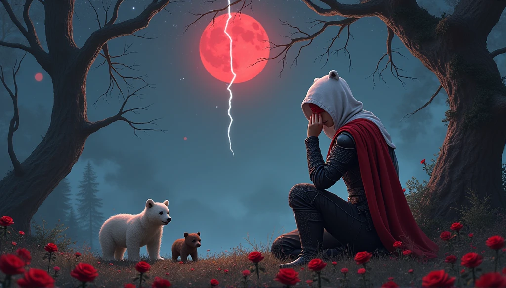 Male knight with a white hood with bear ears and a sword behind his back sits on the ground towards a  polar bear and a babywn bear in a forest while the moon shines, many Roses cover the ground and lightning falls from the sky. The baby polear plays with the baby brown bear while the knight enjoys watching them. Only the man wears a red blindfold. In the background of the picture is the blood moon and a tree has fallen down in the path. The forest is full of trees with leaves. The armor of the man is black and red roses decorate it. The sky is full of stars. The knight is thoughtfully touching his face while watching the bears play.