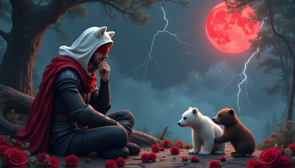Male knight with a white hood with bear ears and a sword behind his back sits on the ground towards a baby polar bear and a baby brown bear in a forest while the moon shines, many Roses cover the ground and lightning falls from the sky. The baby polar bear plays with the baby brown bear while the knight enjoys watching them. Only the man wears a red blindfold. In the background of the picture is the blood moon and a tree has fallen down in the path. The forest is full of trees with leaves. The armor of the man is black and red roses decorate it. The sky is full of stars. The knight is thoughtfully touching his face while watching the bears play.
