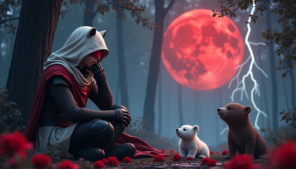 Male knight with a white hood with bear ears and a sword behind his back sits on the ground towards a baby polar bear and a baby brown bear in a forest while the moon shines, many Roses cover the ground and lightning falls from the sky. The baby polar bear plays with the baby brown bear while the knight enjoys watching them. Only the man wears a red blindfold. In the background of the picture is the blood moon and a tree has fallen down in the path. The forest is full of trees with leaves. The armor of the man is black and red roses decorate it. The sky is full of stars. The knight is thoughtfully touching his face while watching the bears play.