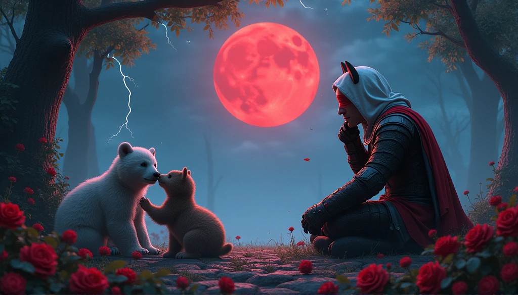 Male knight with a white hood with bear ears and a sword behind his back sits on the ground towards a baby polar bear and a baby brown bear in a forest while the moon shines, many Roses cover the ground and lightning falls from the sky. The baby polar bear plays with the baby brown bear while the knight enjoys watching them. Only the man wears a red blindfold. In the background of the picture is the blood moon and a tree has fallen down in the path. The forest is full of trees with leaves. The armor of the man is black and red roses decorate it. The sky is full of stars. The knight is thoughtfully touching his face while watching the bears play.