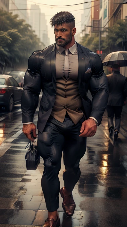 Focus on head to knee, 40 years old man in formal suit bandhoiz beard man standing on road in rai, rain drops dripping on body, and showing wetty hairy chest wetty bulge indian perfect bulge in pant, masterpiece, seductive