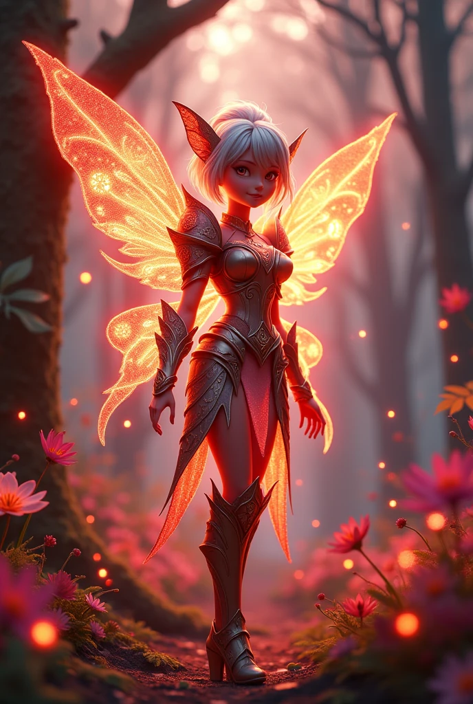 Animated  fairy in wearing magical Armor 
in a magical glittery forest, make really and much enhance cOlour  
And theme is reddish 
