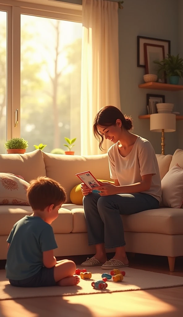 Woman sitting on sofa with her son playing next to her In the evening